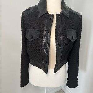 Christian Lacroix Black Cropped Tweed Jacket with Faux-Leather Trim